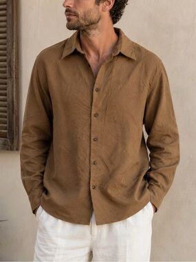 Men's Casual Button-Up Shirt in Warm Brown with stitched detail